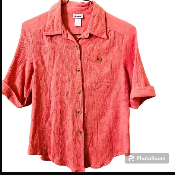 Vicki Wayne Button Down Short Sleeves Collar Rose Pink Natural Cotton Blouse - Picture 1 of 4